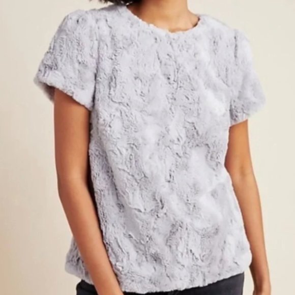 Anthropologie LEIFSDOTTIR Grey Faux Fur Fuzzy Short Sleeve Top - Picture 1 of 5